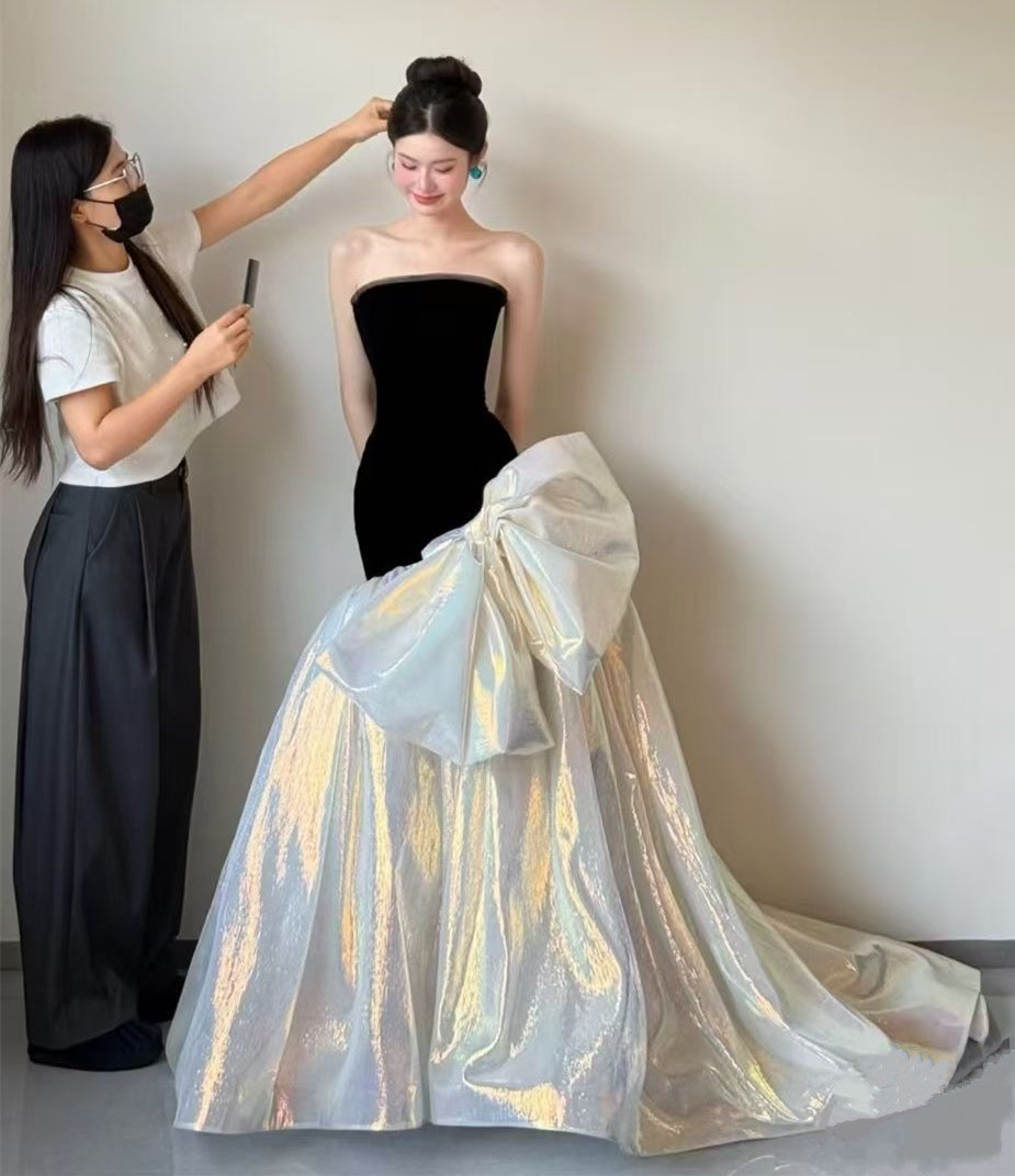 chinese dress ladies Black Strapless Detachable Sleeves Mermaid Prom Dresses, CP0115 US16 / Custom Color(Leaving A note) main image 0