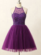 Load image into Gallery viewer, Grape Homecoming Dress 2023 Short Halter Neck Beaded Tulle