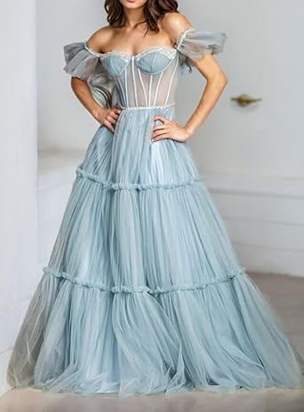 Dusty Blue Tulle Prom Dress 2025 Corset Back 20W / Green