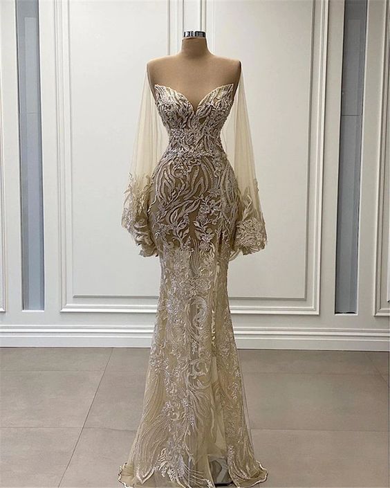 Champagne Prom Dress 2024 V Neck Sequined with Long Sleeves – AnnaCustomDress