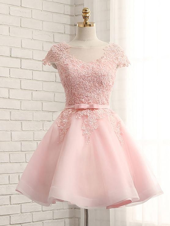 Pink Homecoming Dress 2023 Short Illusion Neck Cap Sleeves Tulle Appliques