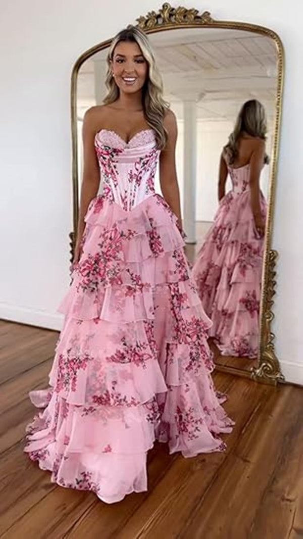 pale pink prom dress WEDTREND Women Princess Maxi Prom Dress with Slit Off The Shoulder Pink  Floral Corset Wedding Party Dress main image 1