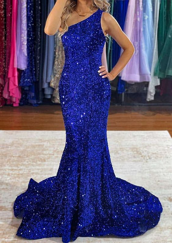 Royal Blue Prom Dress 2024 One-shoulder Sequin Mermaid