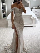 Load image into Gallery viewer, Sliver Prom Dress 2024 Off the Shoulder Sequin with Slit