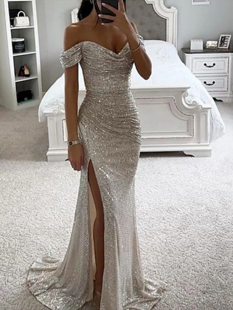 silver prom dresses 2024 Sliver Prom Dress 2024 Off the Shoulder Sequin with Slit 4 / Black