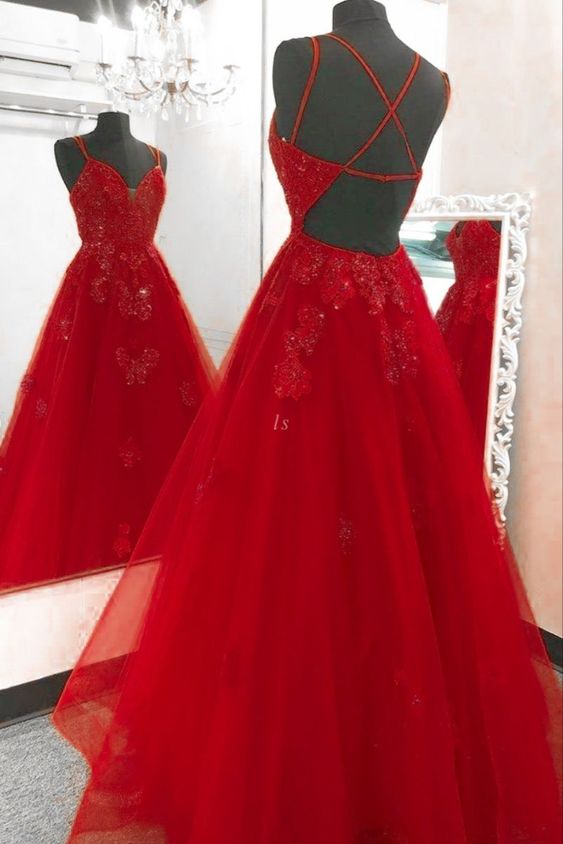Red Prom Dress 2024 Spaghetti Straps Tulle with Appliques