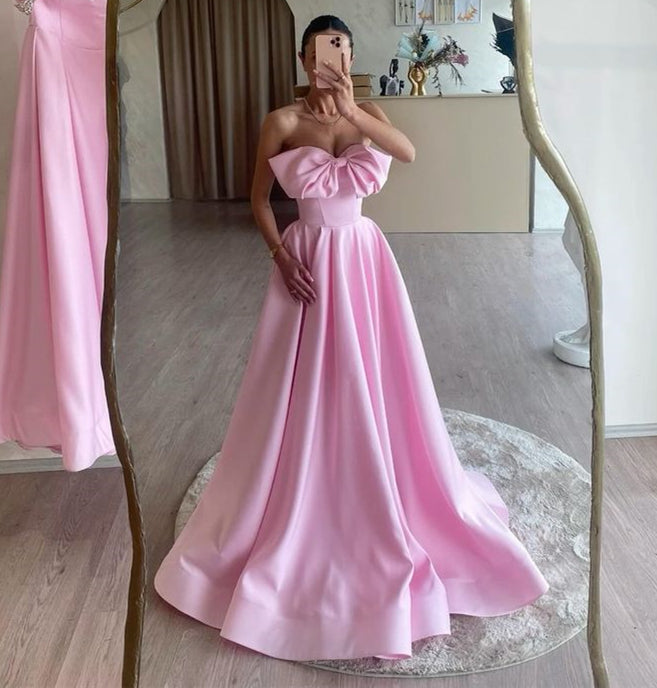 Strapless Pink Satin Prom Dress 2025 with Bow
