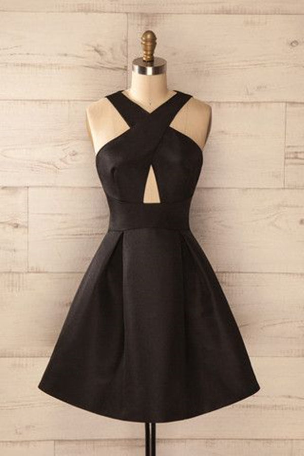 Black Homecoming Dress 2023 Halter Neck Holllow Satin with Pleats   AnnaCustomDress