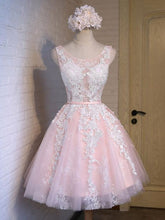 Load image into Gallery viewer, Pink Homecoming Dress 2023 Short Jewel Neck Sleeveless Tulle with Appliques