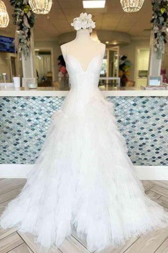 White Prom Dress 2024 Spaghetti Straps V Neck Tulle Tiered