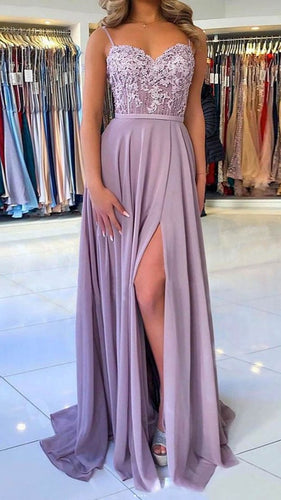 Purple Prom Dress 2024 Spaghetti Straps Beaded Chiffon with Slit