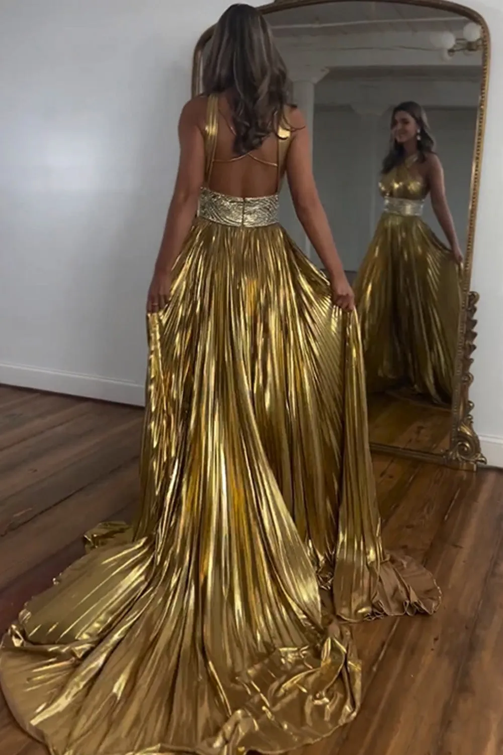 Gold Metallic Satin Prom Dress 2025 with Slit 20W / Black Gold Metallic Satin Prom Dress 2025 with Slit 20W / Black