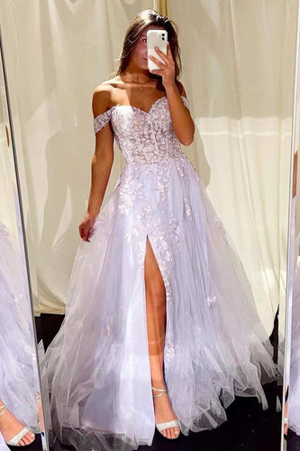 Lilac Prom Dress 2024 Off the Shoulder Tulle Lace Appliques with Slit
