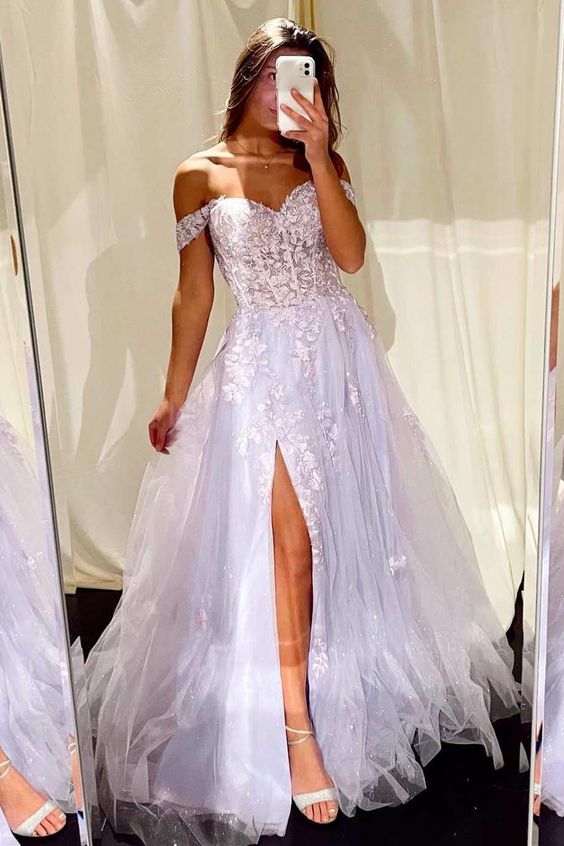Lilac Prom Dress 2024 Off the Shoulder Tulle Lace Appliques with Slit 6 / Custom Color Lilac Prom Dress 2024 Off the Shoulder Tulle Lace Appliques with Slit 6 / Custom Color