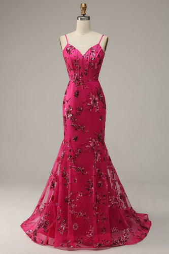 Red Prom Dress 2024 Spaghetti Straps Mermaid Sequined