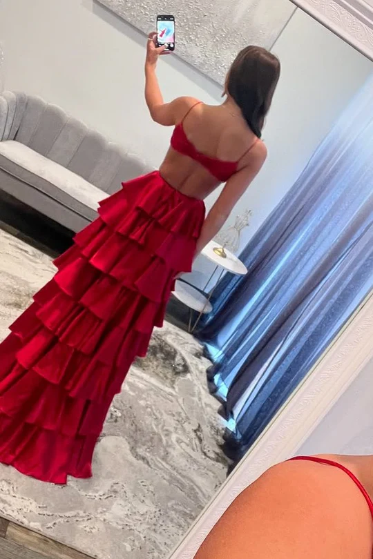 Red Prom Dress 2025 Cascading Skirt with Slit 22W / Custom Color Red Prom Dress 2025 Cascading Skirt with Slit 22W / Custom Color
