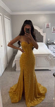 Load image into Gallery viewer, Gold Prom Dress 2024 Spaghetti Straps Sequin with Slit