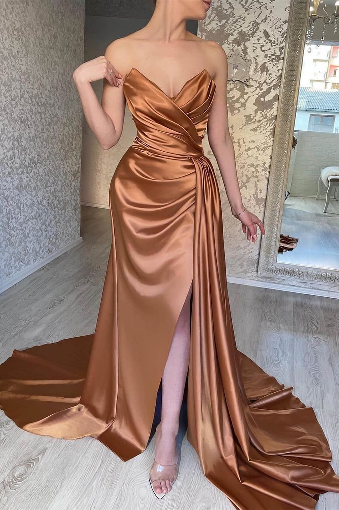 Strapless Brown Prom Dress 2025 with Slit Draping 22W / Custom Color