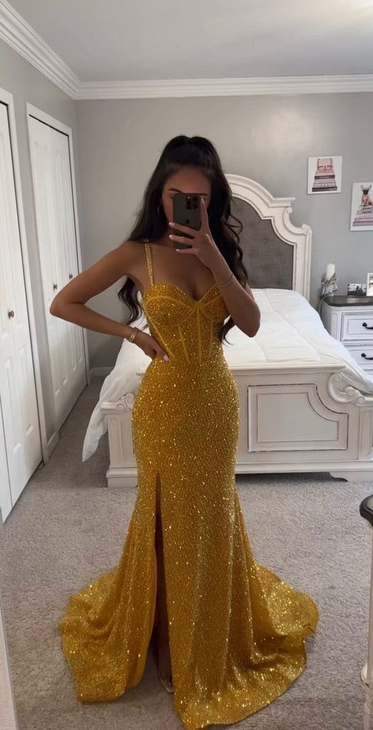 Gold Prom Dress 2024 Spaghetti Straps Sequin with Slit 18w / Custom Color Gold Prom Dress 2024 Spaghetti Straps Sequin with Slit 18w / Custom Color