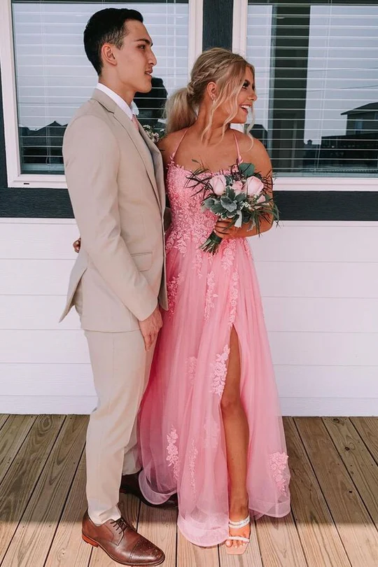 Pink Lace Tulle Prom Dress 2025 Corset Back 10 / Custom Color Pink Lace Tulle Prom Dress 2025 Corset Back 10 / Custom Color