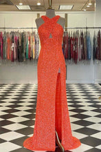 Load image into Gallery viewer, Orange Prom Dress 2024 Halter Neck Sequin with Slit