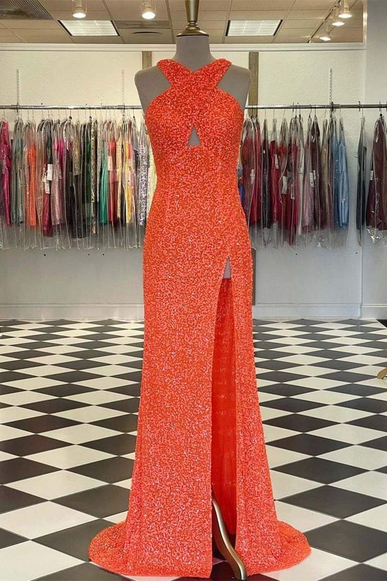 Orange Prom Dress 2024 Halter Neck Sequin with Slit 2 / Custom Color Orange Prom Dress 2024 Halter Neck Sequin with Slit 2 / Custom Color
