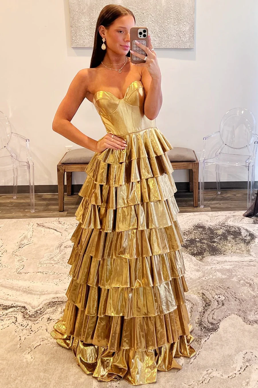 Gold Metallic Satin Prom Dress 2025 Tiered Skirt 26W / Custom Color Gold Metallic Satin Prom Dress 2025 Tiered Skirt 26W / Custom Color