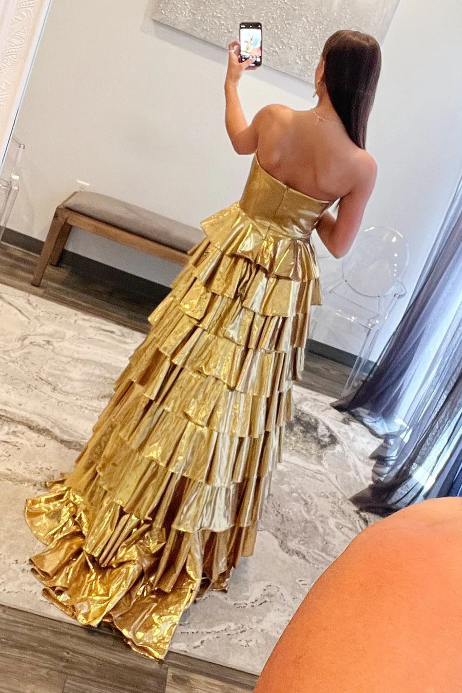 Gold Metallic Satin Prom Dress 2025 Tiered Skirt 26W / Custom Color Gold Metallic Satin Prom Dress 2025 Tiered Skirt 26W / Custom Color
