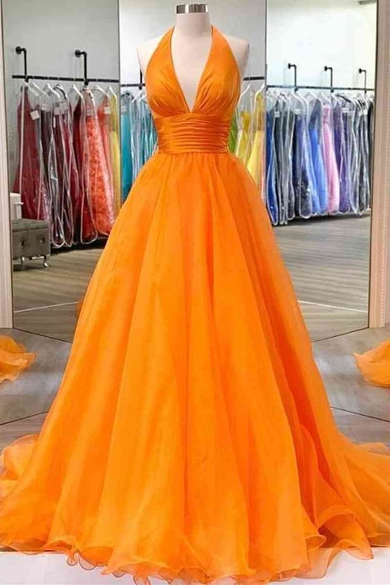 Orange Prom Dress 2024 Halter V Neck Tulle Puffy 18W / Custom Color Orange Prom Dress 2024 Halter V Neck Tulle Puffy 18W / Custom Color