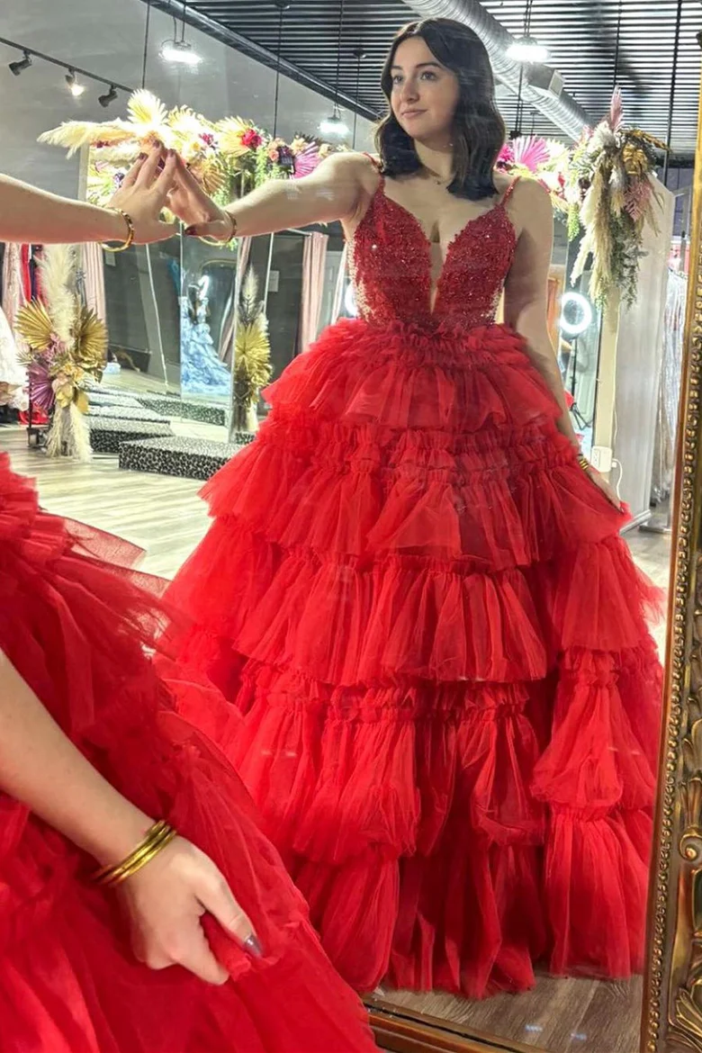 Ball Gown Red Lace Tulle Prom Dress 2025 Corset Back