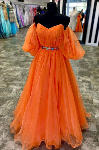 Orange Prom Dress 2024 V neck Tulle with Puffy Sleeves