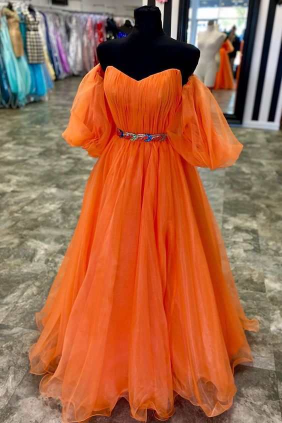 Orange Prom Dress 2024 V Neck Tulle with Puffy Sleeves Custom Size / Black Orange Prom Dress 2024 V Neck Tulle with Puffy Sleeves Custom Size / Black