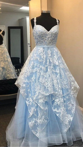 Blue Prom Dress 2024 V neck Tulle with Lace Appliques