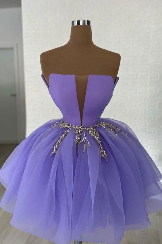 short puffy purple dresses Strapless Short Purple Homecoming Dress with Sleeves Dusty Lavender / 12