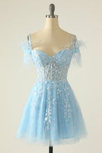 Load image into Gallery viewer, Blue Homecoming Dress 2023 Short Off the Shoulder Tulle with Appliques Feathers