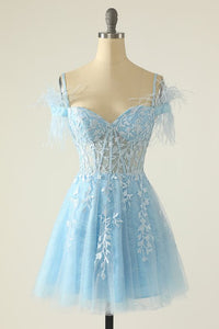 Blue Homecoming Dress 2023 Short Off the Shoulder Tulle with Appliques Feathers
