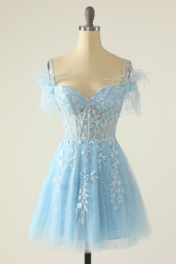short blue prom dresses 2023 Blue A-line Lace Short Prom Dress, Blue Cute Homecoming Dress