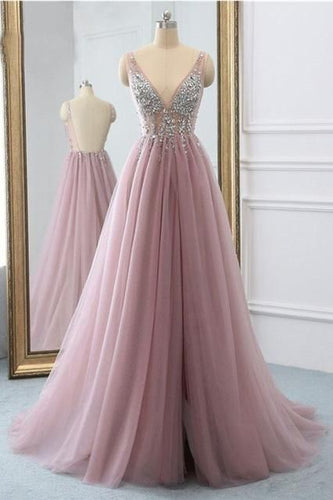 Pink Prom Dress 2024 V neck Tulle Beaded Open Back