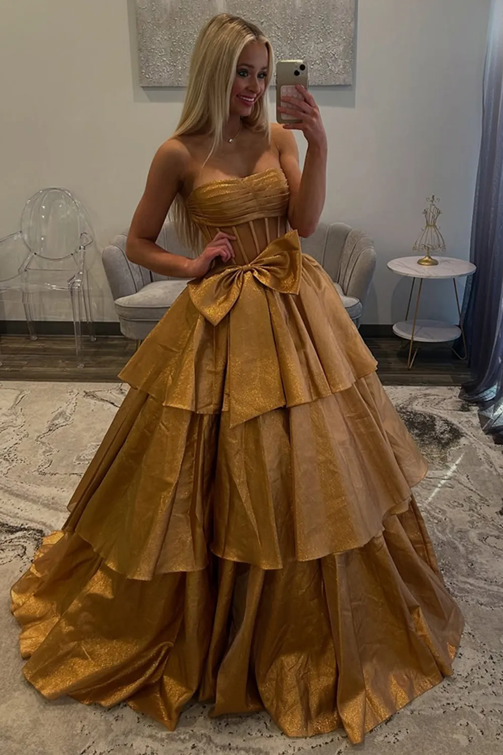 open lace back dress Strapless Gold Prom Dress 2025 with Slit & Front Bow 8 / Red