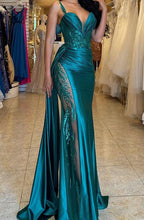 Load image into Gallery viewer, Unique Prom Dress 2024 V neck Satin Sequined with High Split