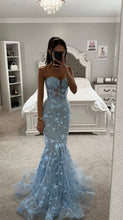 Load image into Gallery viewer, Blue Prom Dress 2024 Strapless Satin Mermaid Butterfly