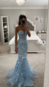 Blue Prom Dress 2024 Strapless Satin Mermaid Butterfly