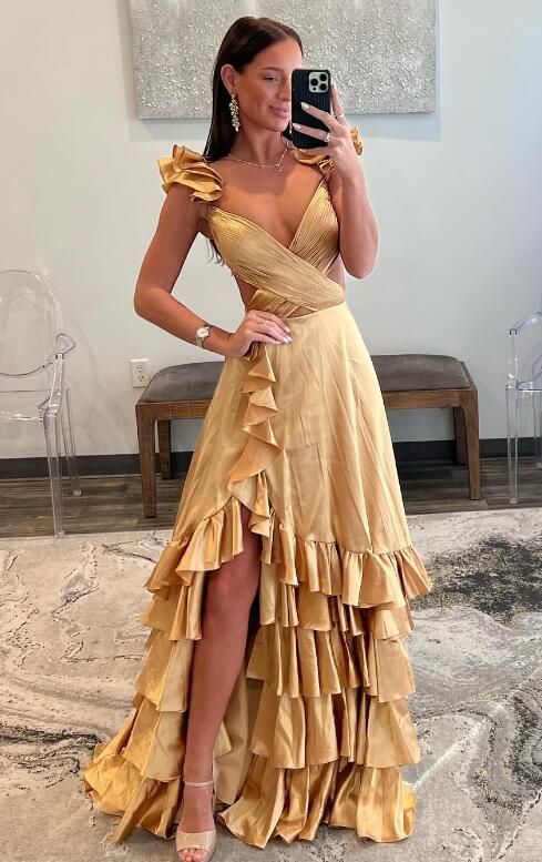 Yellow Prom Dress 2024 V Neck Satin with Slit Ruffles 24W / Custom Color Yellow Prom Dress 2024 V Neck Satin with Slit Ruffles 24W / Custom Color