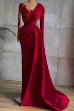 Load image into Gallery viewer, Red Prom Dress 2024 V Neck Satin with Long Sleeves