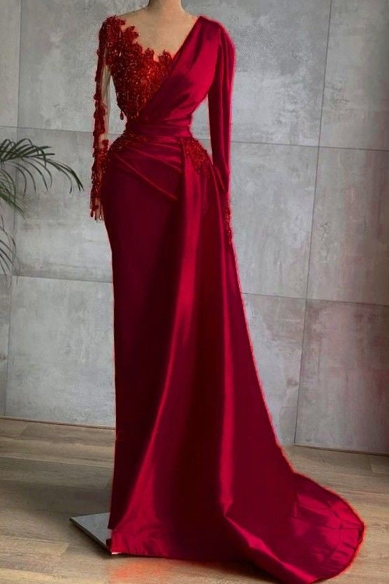 Red Prom Dress 2024 V Neck Satin with Long Sleeves