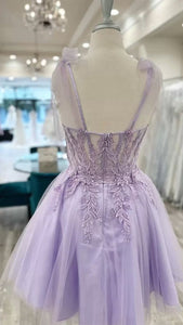 Lilac Prom Dress 2024 Short Spaghetti Straps Tulle Lace Appliques
