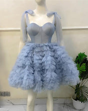 Load image into Gallery viewer, Dusty Blue Homecoming Dress 2023 Short Straps Tulle Tiered