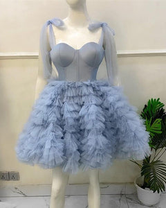 Dusty Blue Homecoming Dress 2023 Short Straps Tulle Tiered