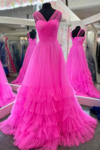 Pink Prom Dress 2024 V Neck Sleeveless Tulle