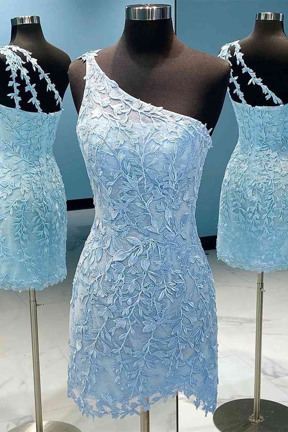 Blue Homecoming Dress 2023 Short Tight One-shoulder Lace Appliques AnnaCustomDress Blue Homecoming Dress 2023 Short Tight One-shoulder Lace Appliques AnnaCustomDress